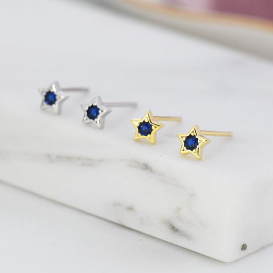 Tiny Sapphire Blue CZ Star Stud Earrings in Sterling Silver, Silver or Gold,  Blue Crystal Star Earrings, Stacking Earrings