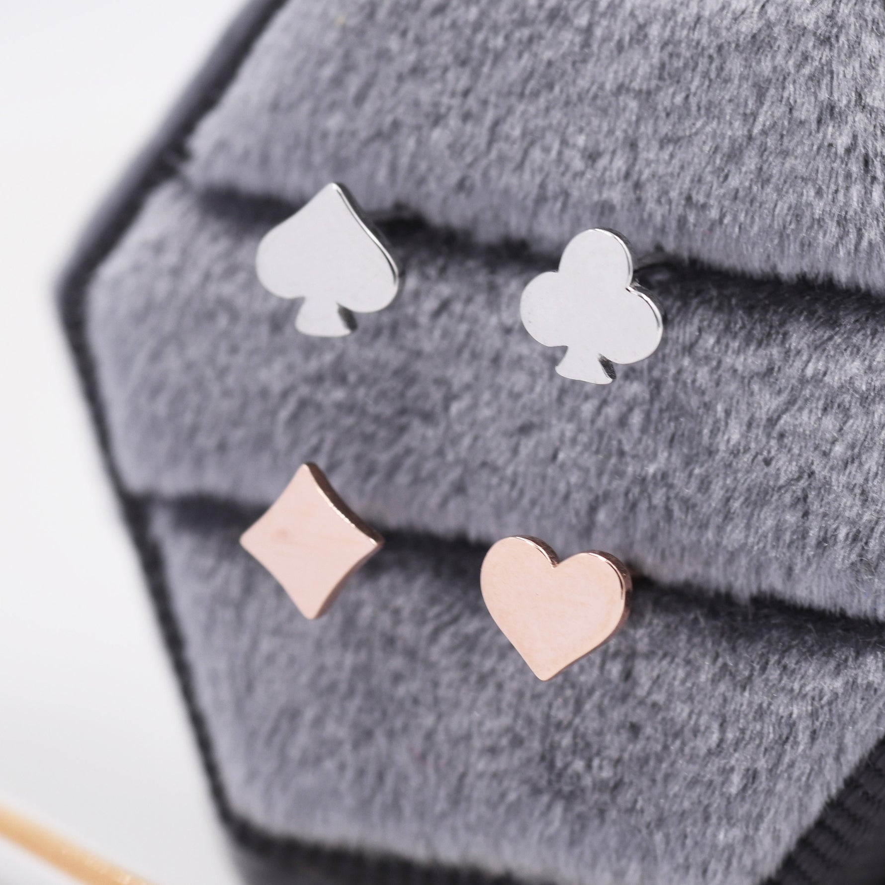 Card Suit Stud Earrings in Sterling Silver, Poker Set Earrings, Rose Gold, Spade Earring, Club Earring, Diamond Earring, Heart earring