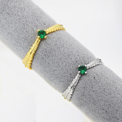 Sterling Silver Fern Leaf Emerald Green CZ Ring, Eternity Ring, Friendship Ring, Nature Inspired Jewellery US 5 - 8