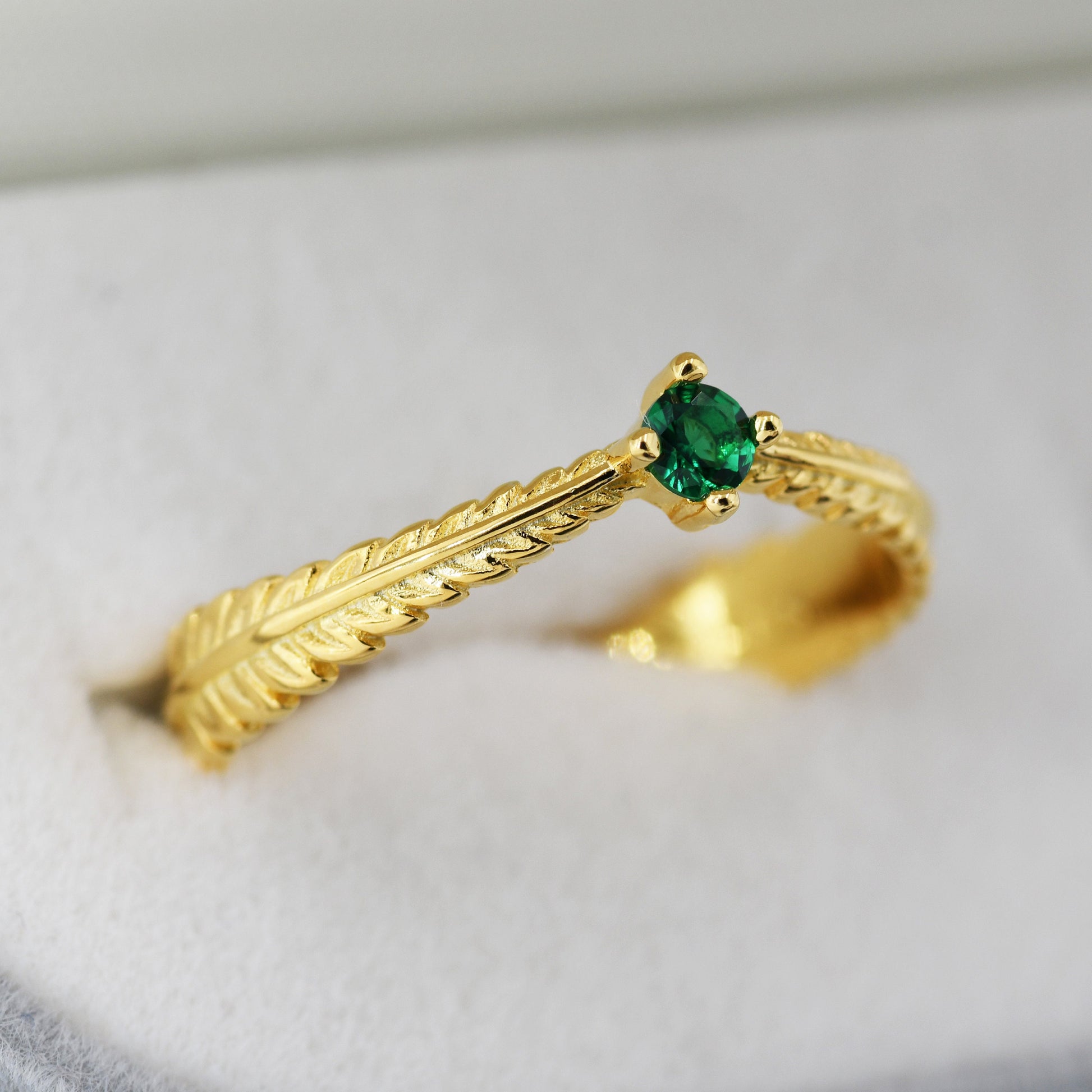 Sterling Silver Fern Leaf Emerald Green CZ Ring, Eternity Ring, Friendship Ring, Nature Inspired Jewellery US 5 - 8