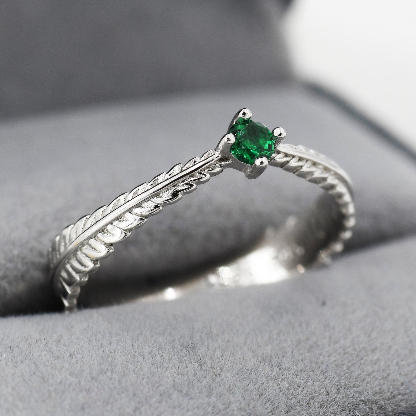 Sterling Silver Fern Leaf Emerald Green CZ Ring, Eternity Ring, Friendship Ring,  Nature Inspired Jewellery US 5 - 8