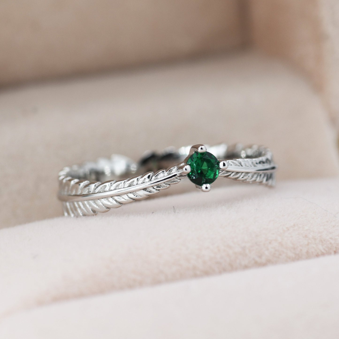 Sterling Silver Fern Leaf Emerald Green CZ Ring, Eternity Ring, Friendship Ring, Nature Inspired Jewellery US 5 - 8