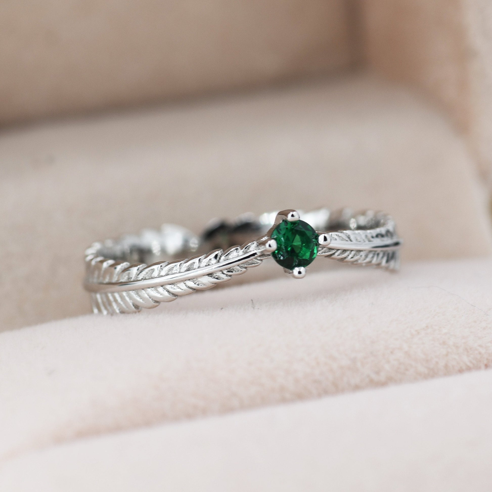 Sterling Silver Fern Leaf Emerald Green CZ Ring, Eternity Ring, Friendship Ring, Nature Inspired Jewellery US 5 - 8