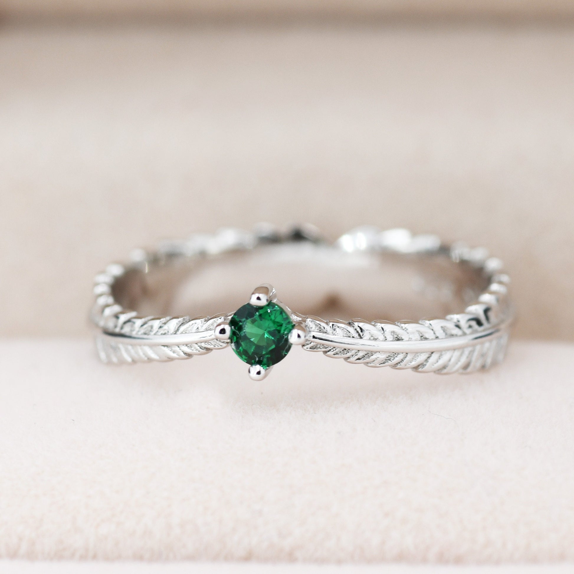 Sterling Silver Fern Leaf Emerald Green CZ Ring, Eternity Ring, Friendship Ring, Nature Inspired Jewellery US 5 - 8