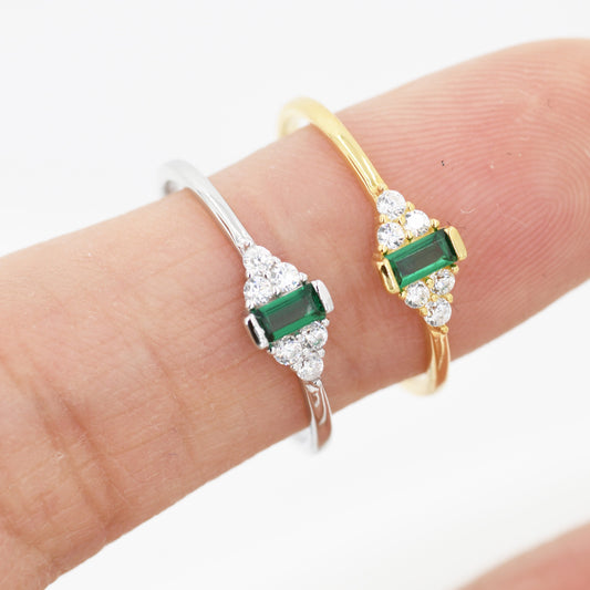 Vintage Inspired Emerald Green CZ Ring in Sterling Silver, Baguette Ring, Delicate Emerald Ring, Size US 5 - 8