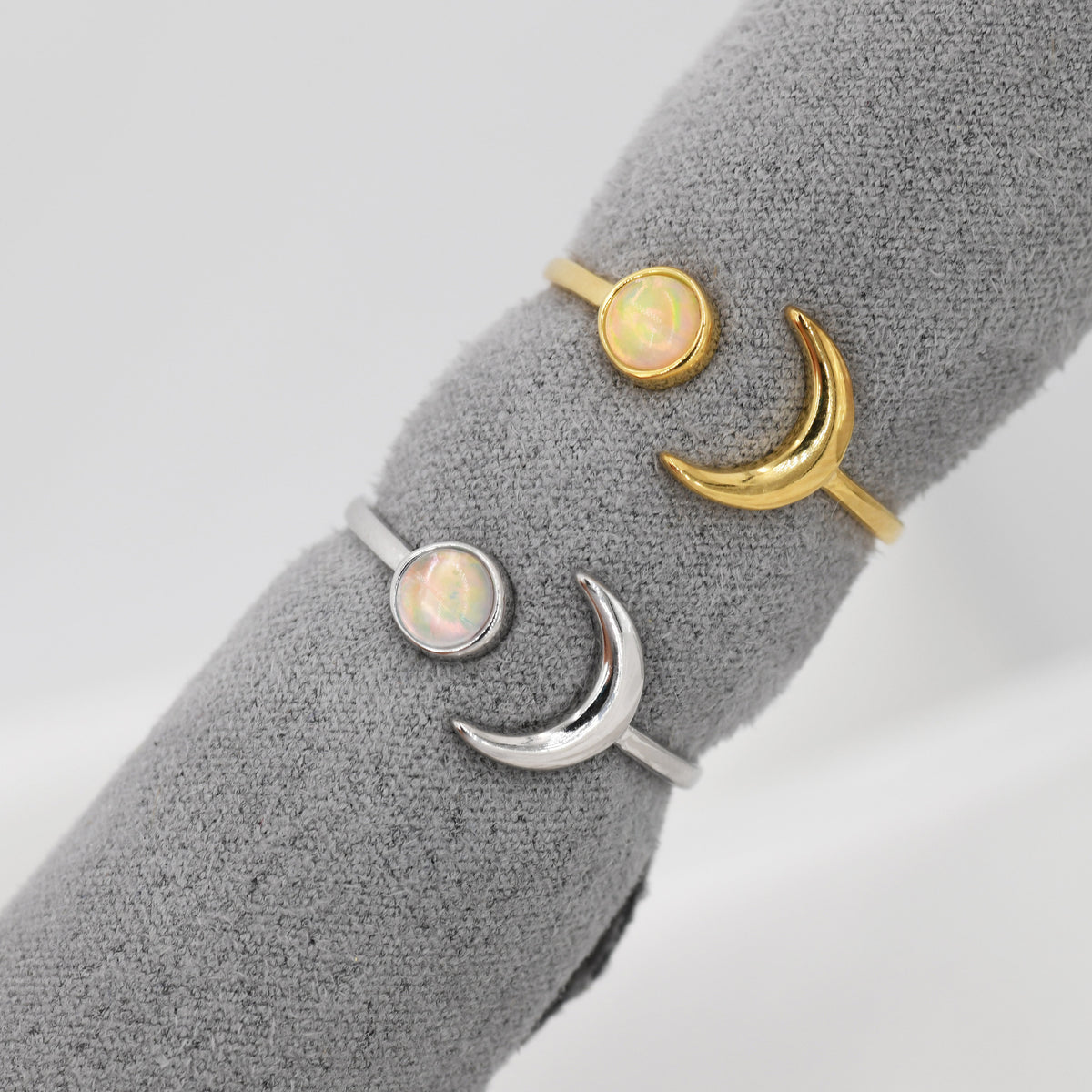Sterling Silver Opal Moon Ring, Full Moon and Cresent Moon, Adjustable Sized Ring, Open Ring, Stacking Rings