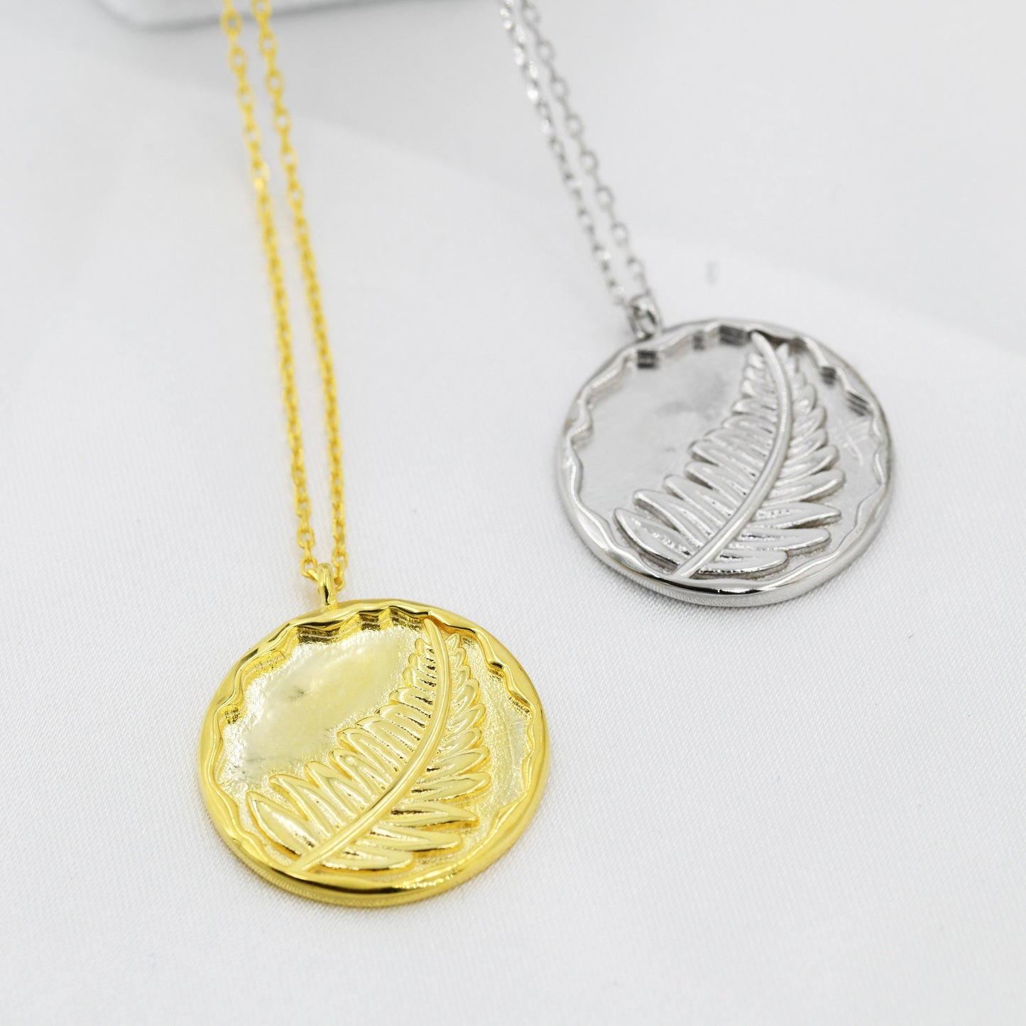 Fern Leaf  Round Disk Coin Pendant Necklace in Sterling Silver, Silver Leaf Pendant, Silver or Gold, Nature Inspired Jewellery,