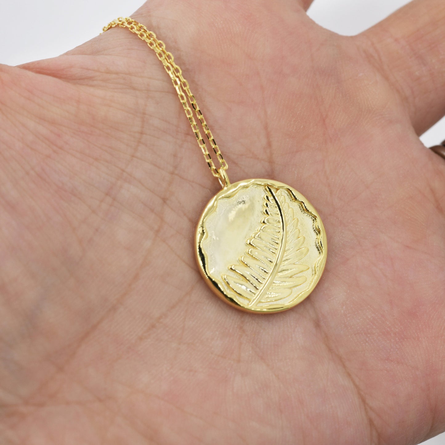 Fern Leaf  Round Disk Coin Pendant Necklace in Sterling Silver, Silver Leaf Pendant, Silver or Gold, Nature Inspired Jewellery,