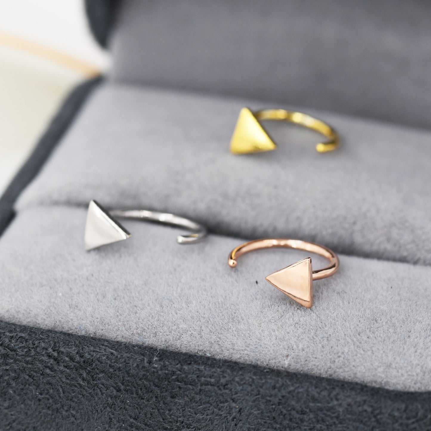 Tiny Triangle Huggie Hoop Earrings in Sterling Silver, Open Hoop Pull-Through Threader Earrings, Half Hoop Earrings, Silver, Gold, Rose Gold