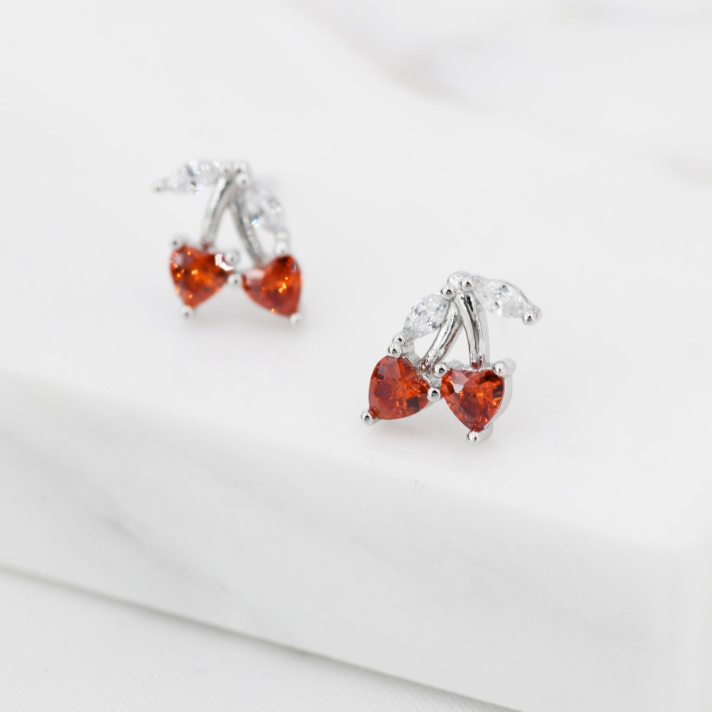 Cherry Stud Earrings in Sterling Silver, Ruby Red CZ,  Fruit Earrings, Fun and Quirky Earrings