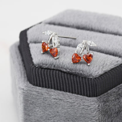 Cherry Stud Earrings in Sterling Silver, Ruby Red CZ,  Fruit Earrings, Fun and Quirky Earrings