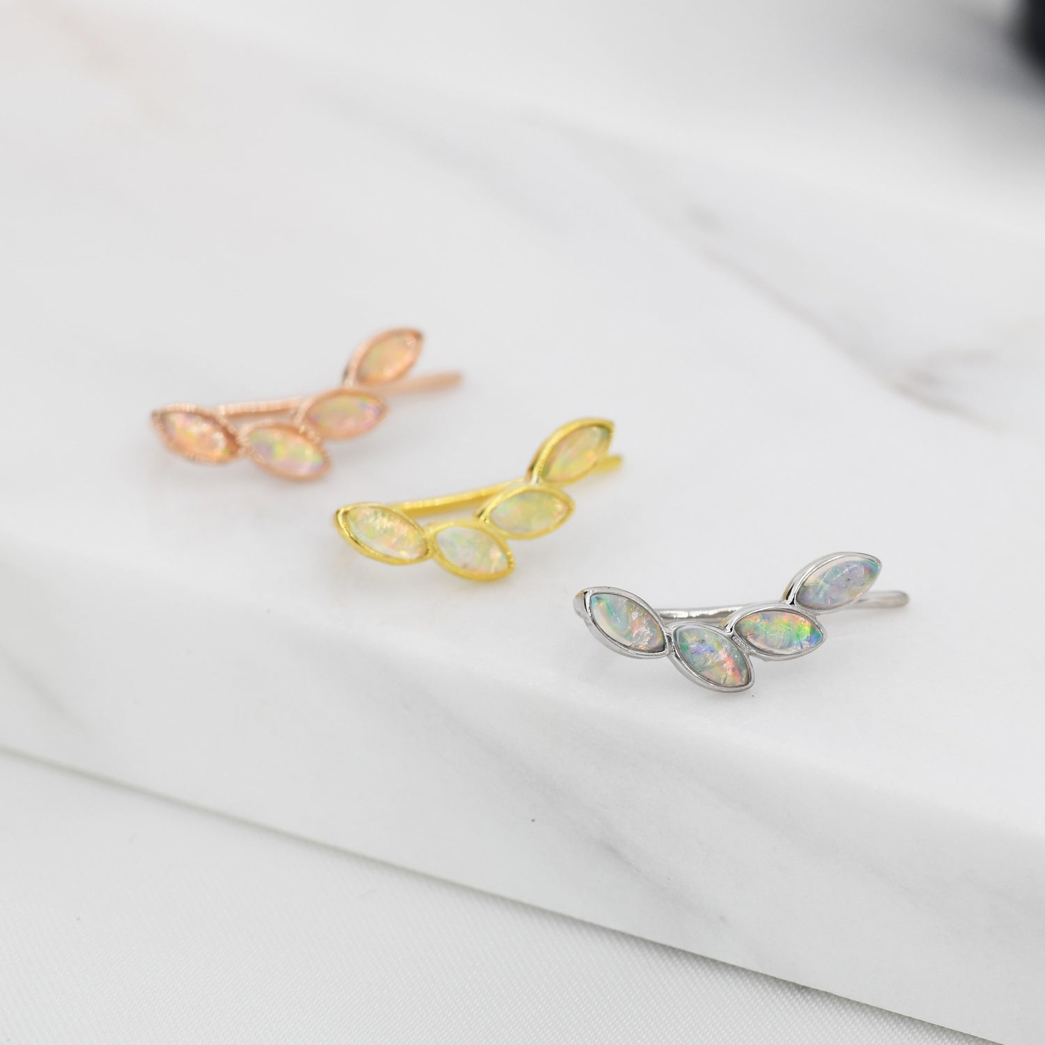Opal Marquise Crawler Earrings in Sterling Silver, Marquise Cluster Ear Climbers, Silver, Gold or Rose Gold