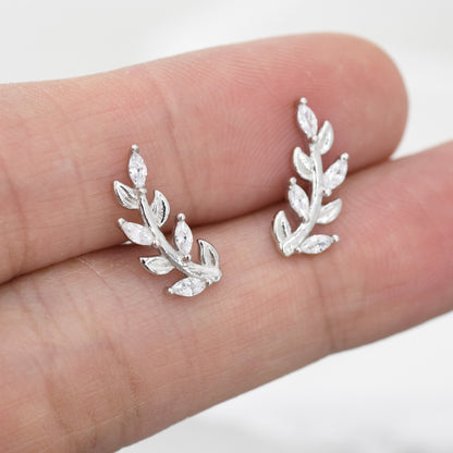 Sparkly Leaf CZ Stud Earrings in Sterling Silver, Silver or Gold, Bridal Jewellery, Bridesmaid&#39;s Earrings, Nature Inspired, Botanical