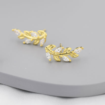 Sparkly Leaf CZ Stud Earrings in Sterling Silver, Silver or Gold, Bridal Jewellery, Bridesmaid&#39;s Earrings, Nature Inspired, Botanical