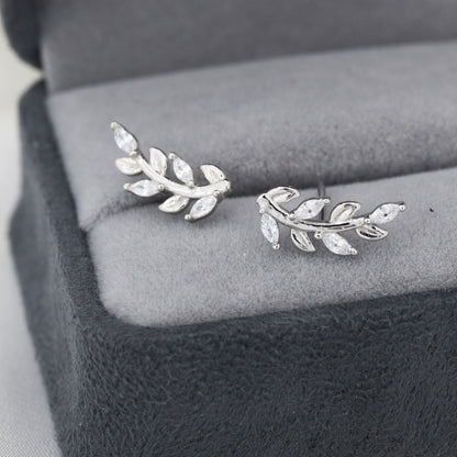 Sparkly Leaf CZ Stud Earrings in Sterling Silver, Silver or Gold, Bridal Jewellery, Bridesmaid&#39;s Earrings, Nature Inspired, Botanical