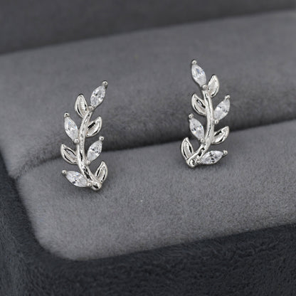 Sparkly Leaf CZ Stud Earrings in Sterling Silver, Silver or Gold, Bridal Jewellery, Bridesmaid&#39;s Earrings, Nature Inspired, Botanical