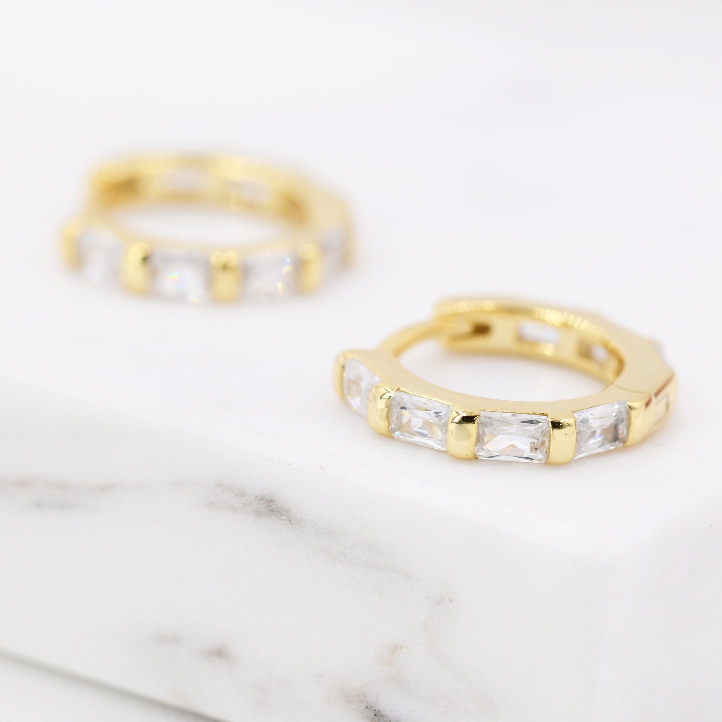 Baguette CZ Huggie Hoop in Sterling Silver, Silver or Gold, Minimalist Simple Hoop Earrings