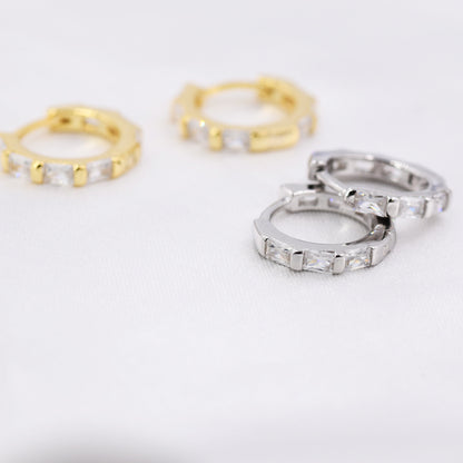 Baguette CZ Huggie Hoop in Sterling Silver, Silver or Gold, Minimalist Simple Hoop Earrings