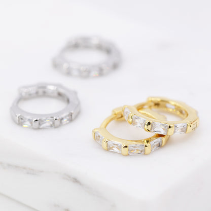 Baguette CZ Huggie Hoop in Sterling Silver, Silver or Gold, Minimalist Simple Hoop Earrings