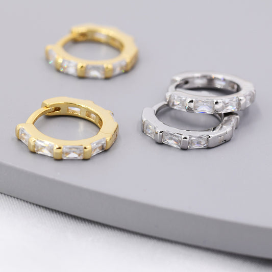 Baguette CZ Huggie Hoop in Sterling Silver, Silver or Gold, Minimalist Simple Hoop Earrings