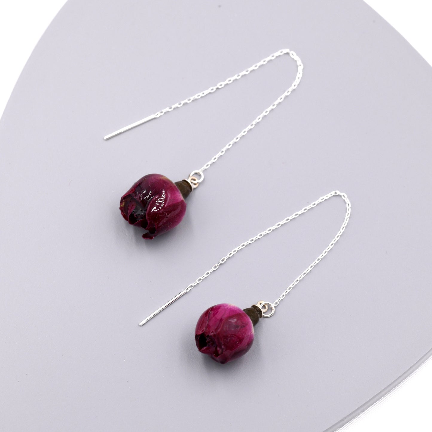 Real Rose Flower Threader Earrings in Sterling Silver, Real Flower Ear Threaders, Resin Flower Jewellery - Purple Red