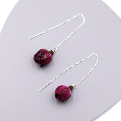 Real Rose Flower Threader Earrings in Sterling Silver, Real Flower Ear Threaders, Resin Flower Jewellery - Purple Red