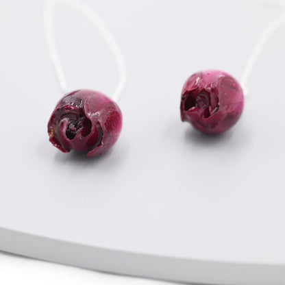 Real Rose Flower Threader Earrings in Sterling Silver, Real Flower Ear Threaders, Resin Flower Jewellery - Purple Red