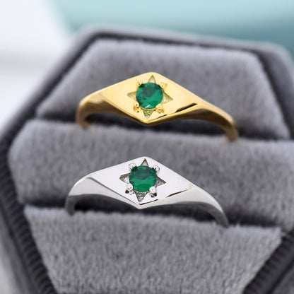 Kite Signet Emerald Ring in Sterling Silver, Silver or Gold, Starburst Emerald CZ Ring, Rhombus Ring, US 5 - 8