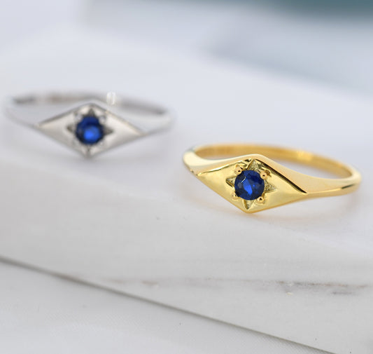 Kite Signet Sapphire Ring in Sterling Silver, Silver or Gold, Starburst Sapphire Blue CZ Ring, Rhombus Ring, US 5 - 8