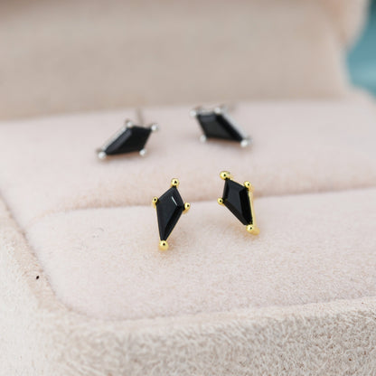 Extra Tiny Black CZ Rhombus Stud Earrings in Sterling Silver, Silver or Gold, Kite Shape Crystal Earrings, Stacking Earrings