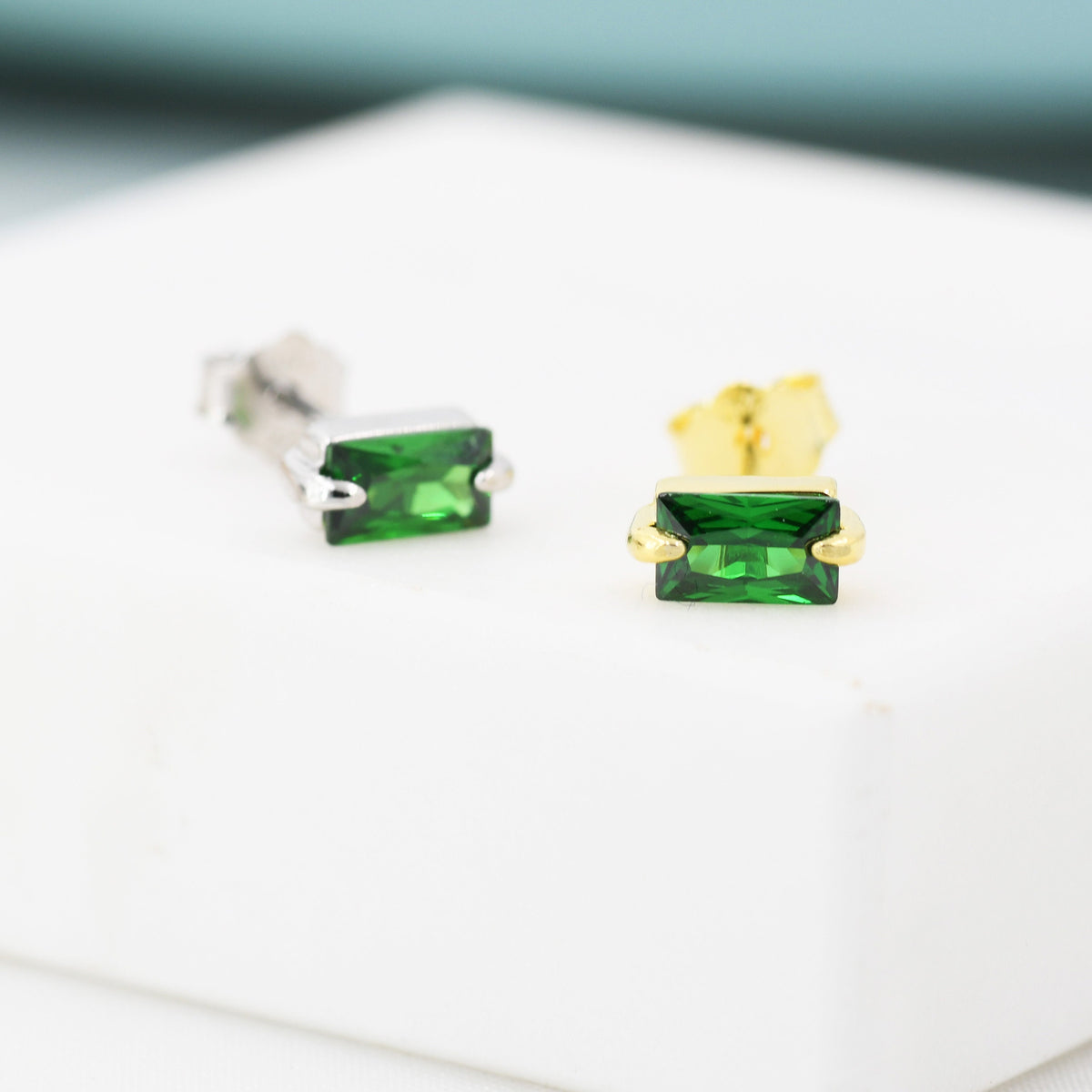 Tiny Baguette Cut Emerald Green CZ Stud Earrings in Sterling Silver, Silver or Gold, Cubic Zirconia Crystal Earrings