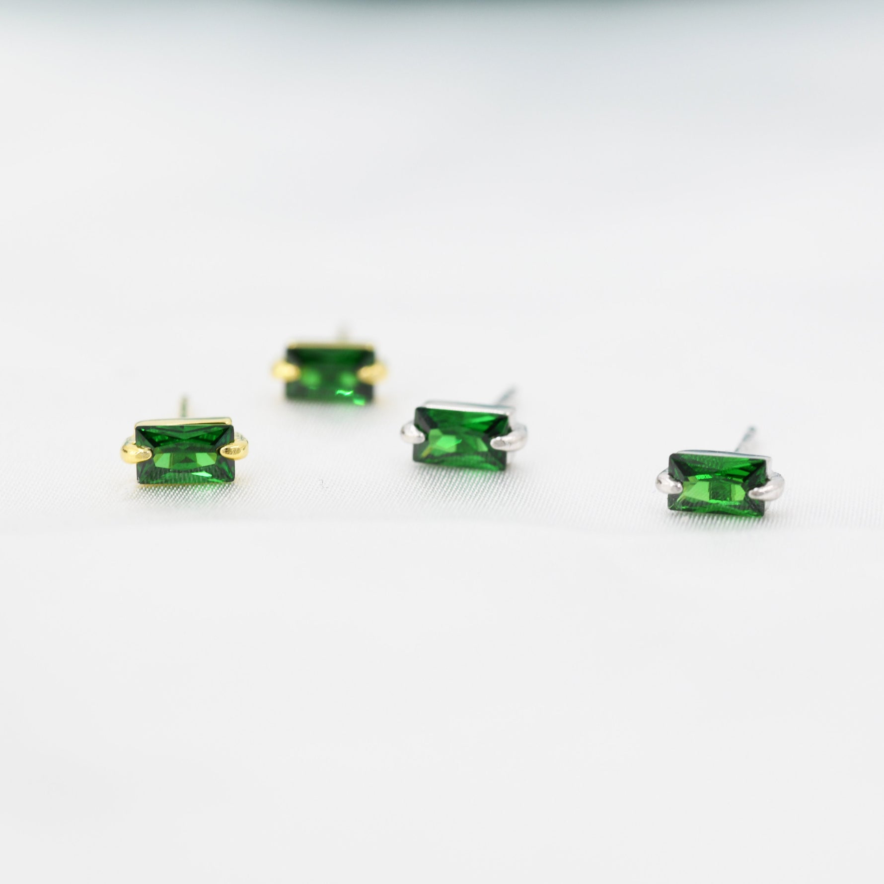 Tiny Baguette Cut Emerald Green CZ Stud Earrings in Sterling Silver, Silver or Gold, Cubic Zirconia Crystal Earrings