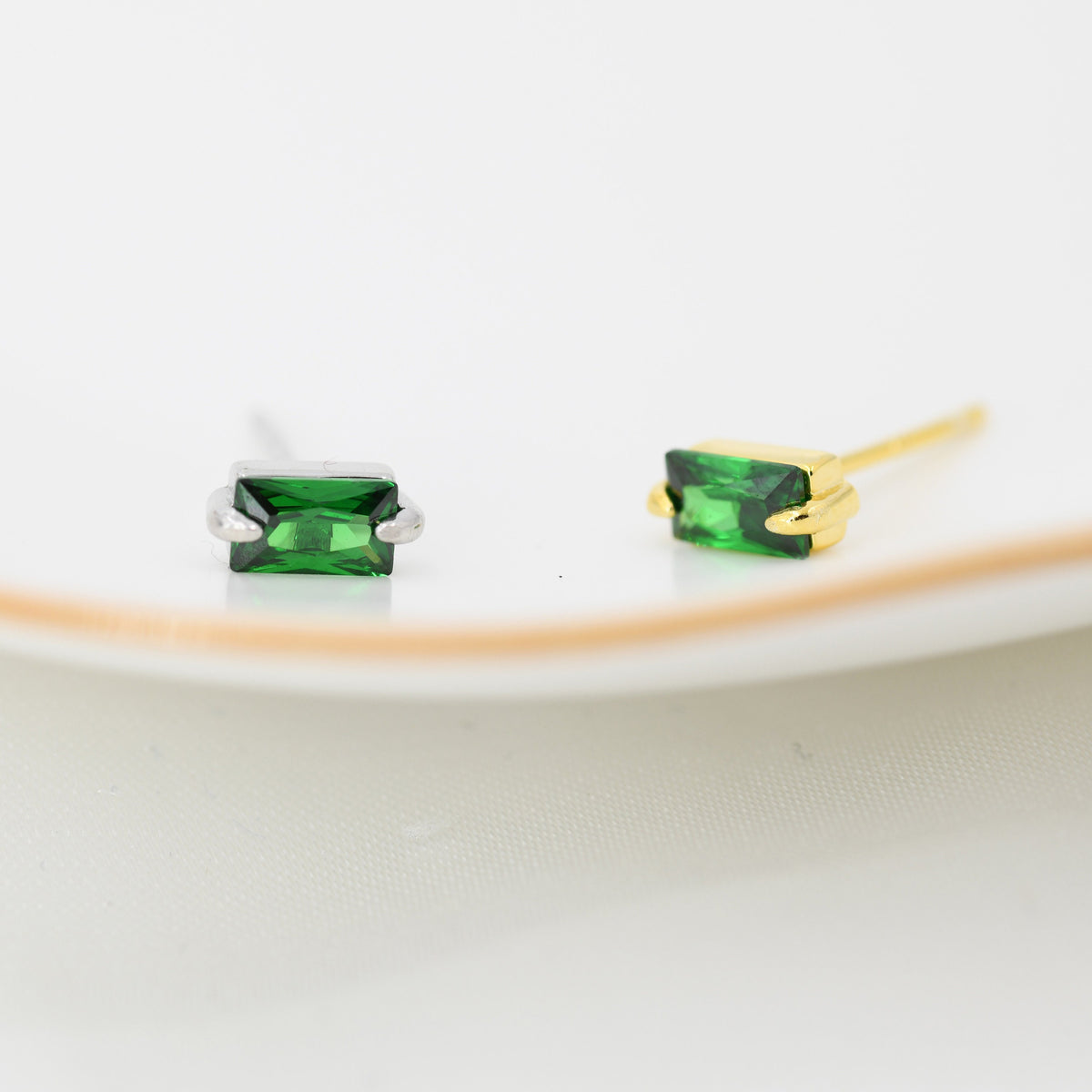 Tiny Baguette Cut Emerald Green CZ Stud Earrings in Sterling Silver, Silver or Gold, Cubic Zirconia Crystal Earrings