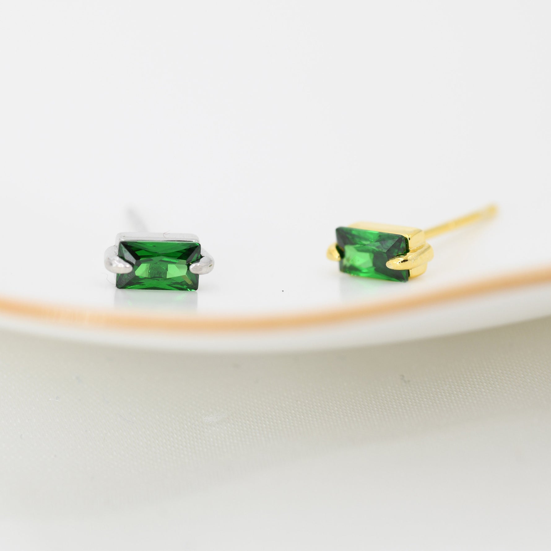 Tiny Baguette Cut Emerald Green CZ Stud Earrings in Sterling Silver, Silver or Gold, Cubic Zirconia Crystal Earrings