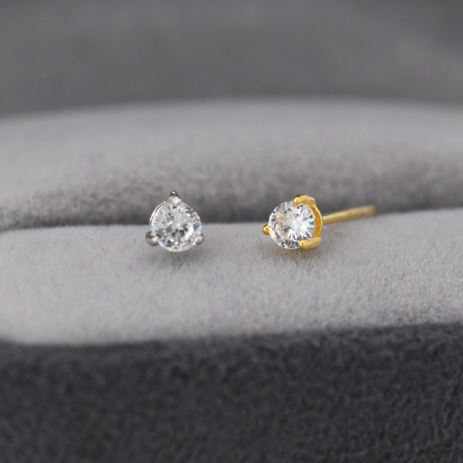 Tiny Three Prong Single CZ Stud Earrings in Sterling Silver, Silver or Gold, 3mm CZ, Diamond Stud, Classic Minimalist Design