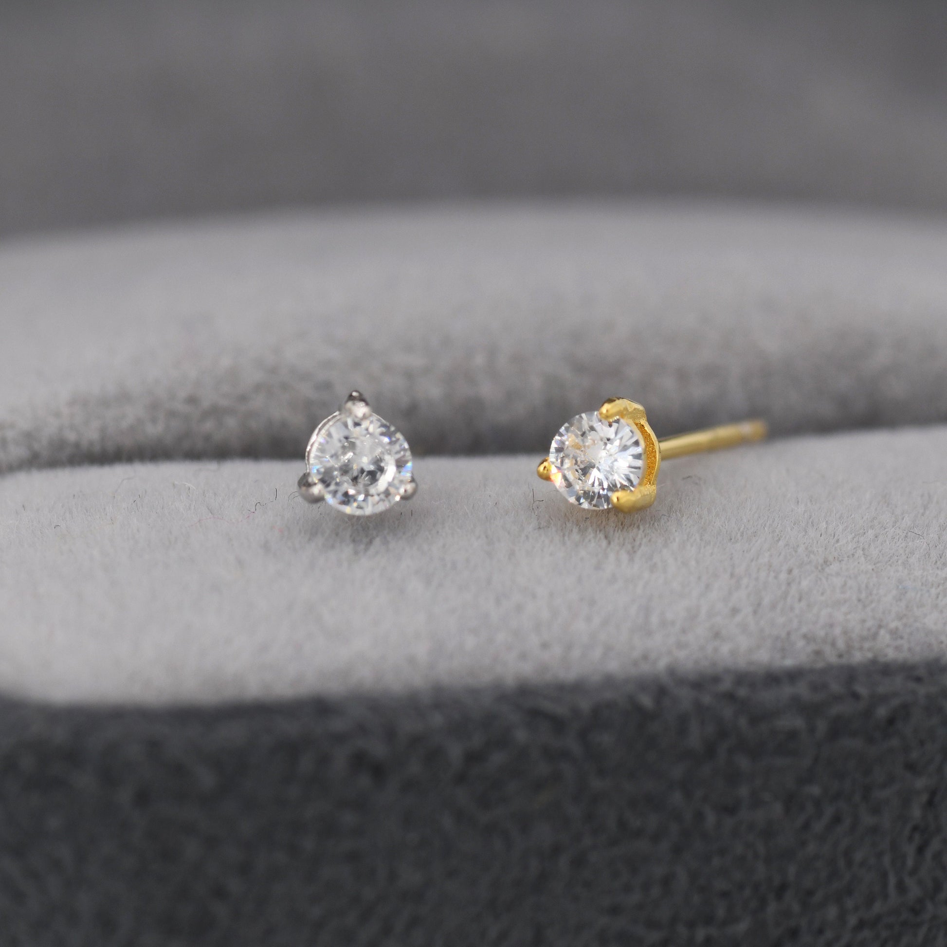 Tiny Three Prong Single CZ Stud Earrings in Sterling Silver, Silver or Gold, 3mm CZ, Diamond Stud, Classic Minimalist Design