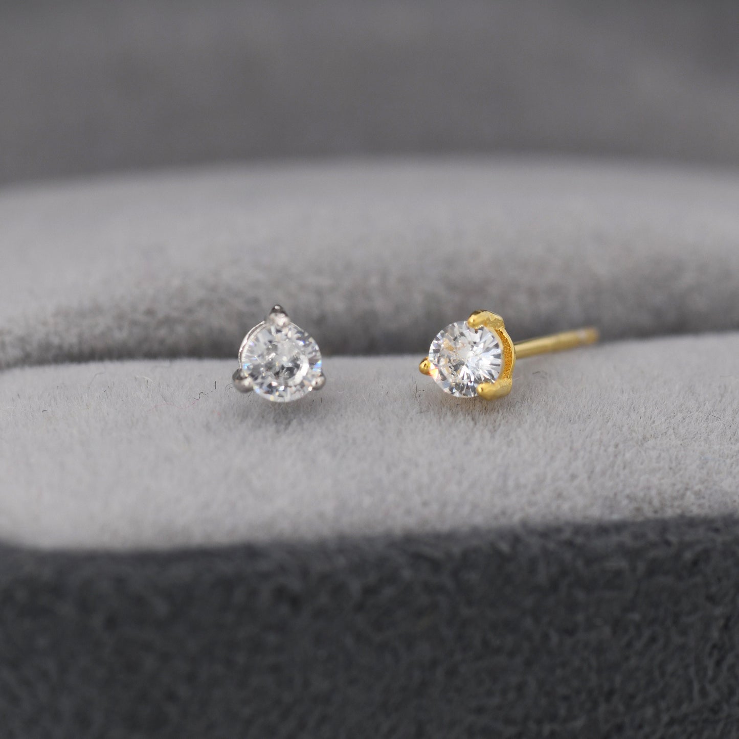 Sterling Silver Three Prong CZ Stud Earrings in Sterling Silver, Silver or Gold or Rose Gold, 3mm CZ, Diamond Stud