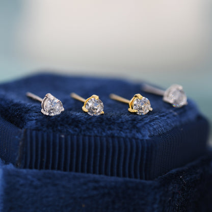 Tiny Three Prong Single CZ Stud Earrings in Sterling Silver, Silver or Gold, 3mm CZ, Diamond Stud, Classic Minimalist Design