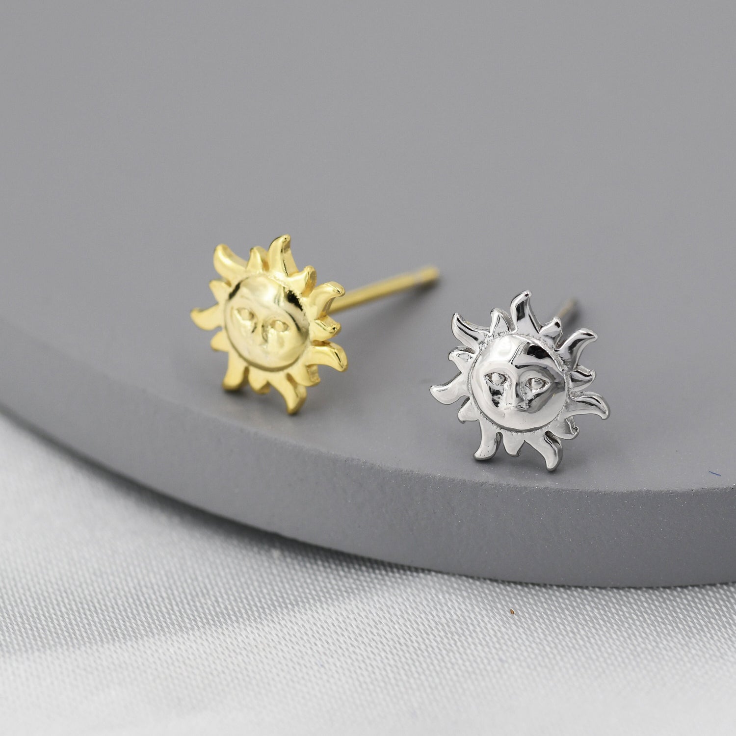 Tiny Sun Stud Earrings in Sterling Silver, Silver or Gold, Sun Face Earrings, Quirky Whimsical Earrings