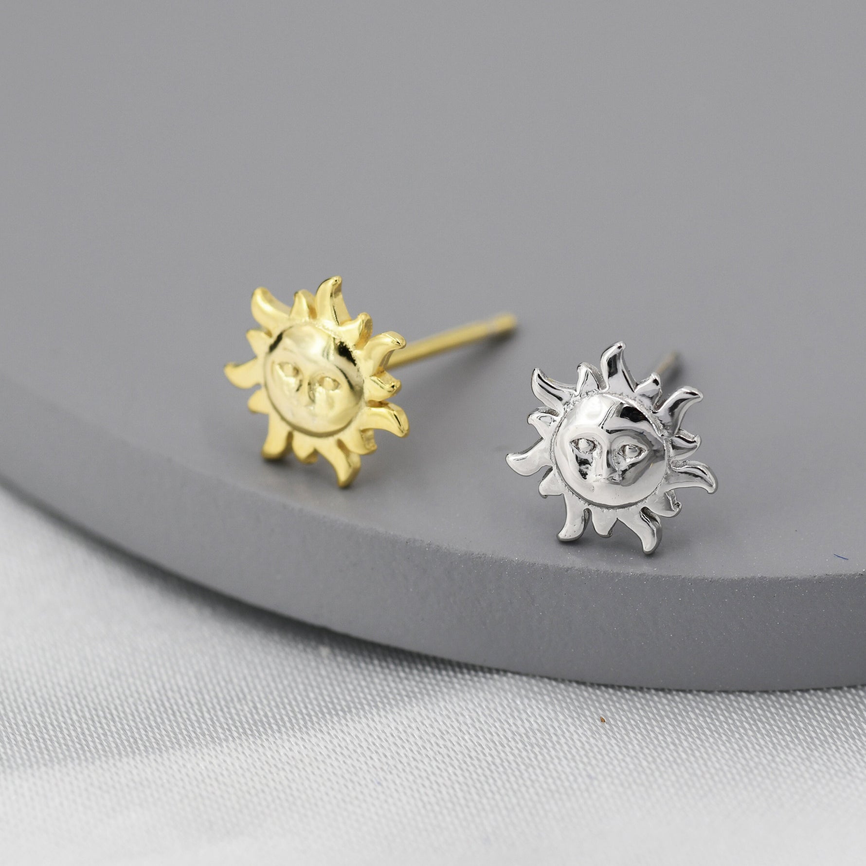 Tiny Sun Stud Earrings in Sterling Silver, Silver or Gold, Sun Face Earrings, Quirky Whimsical Earrings