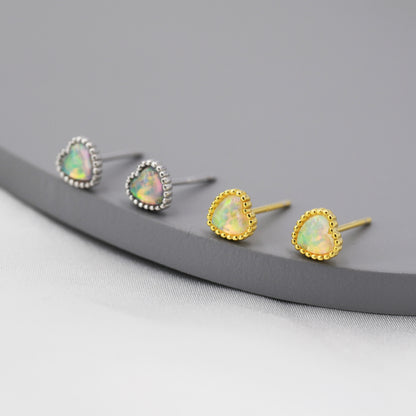 Sterling Silver Opal Heart Stud Earrings, Silver or Gold, Stacking Earrings, Opal Earrings, Granulated, Dotted Bobble Beaded Heart