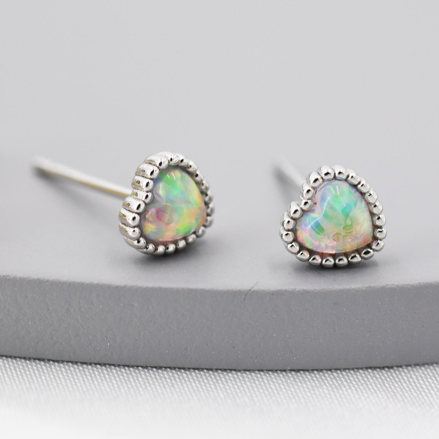 Sterling Silver Opal Heart Stud Earrings, Silver or Gold, Stacking Earrings, Opal Earrings, Granulated, Dotted Bobble Beaded Heart