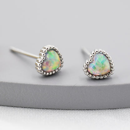 Sterling Silver Opal Heart Stud Earrings, Silver or Gold, Stacking Earrings, Opal Earrings, Granulated, Dotted Bobble Beaded Heart