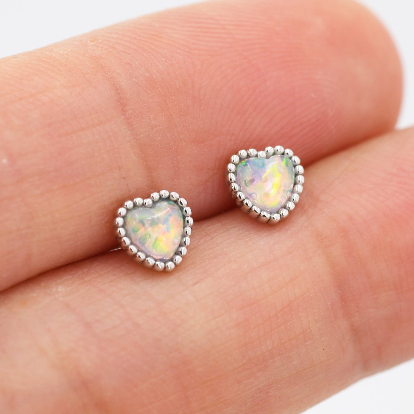 Sterling Silver Opal Heart Stud Earrings, Silver or Gold, Stacking Earrings, Opal Earrings, Granulated, Dotted Bobble Beaded Heart