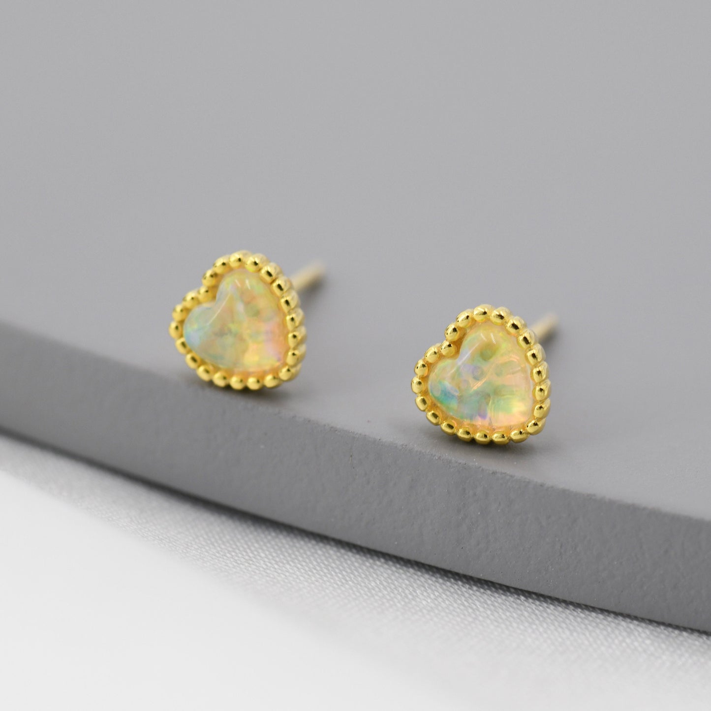 Sterling Silver Opal Heart Stud Earrings, Silver or Gold, Stacking Earrings, Opal Earrings, Granulated, Dotted Bobble Beaded Heart