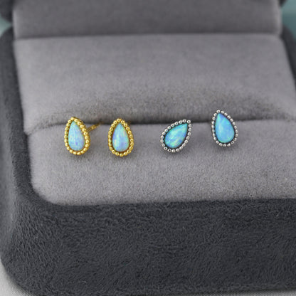 Sterling Silver Droplet Pear Blue Opal Stud Earrings, Silver or Gold, Stacking Earrings, Opal Earrings, Granulated, Dotted Bobble Beaded