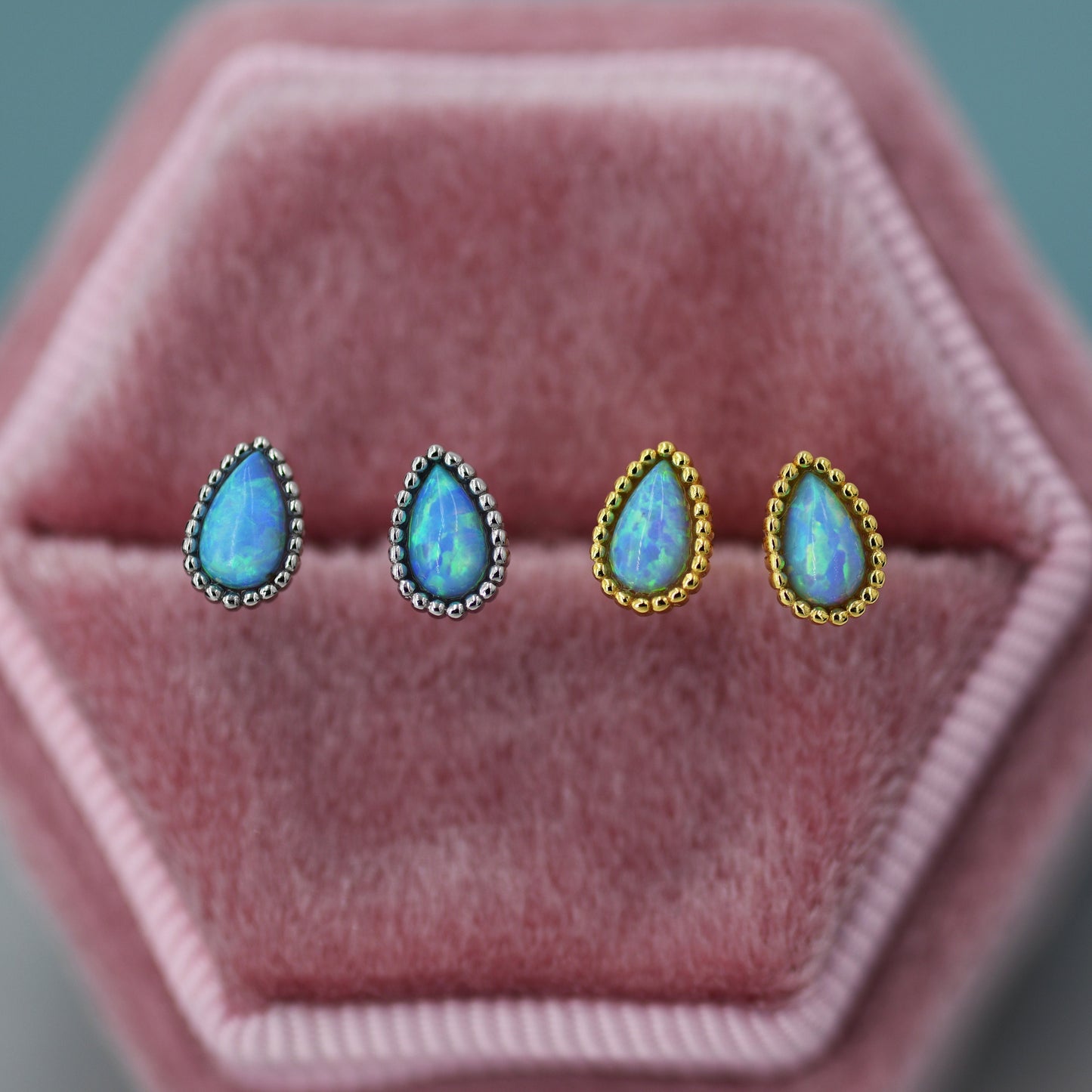 Sterling Silver Droplet Pear Blue Opal Stud Earrings, Silver or Gold, Stacking Earrings, Opal Earrings, Granulated, Dotted Bobble Beaded