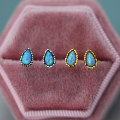 Sterling Silver Droplet Pear Blue Opal Stud Earrings, Silver or Gold, Stacking Earrings, Opal Earrings, Granulated, Dotted Bobble Beaded