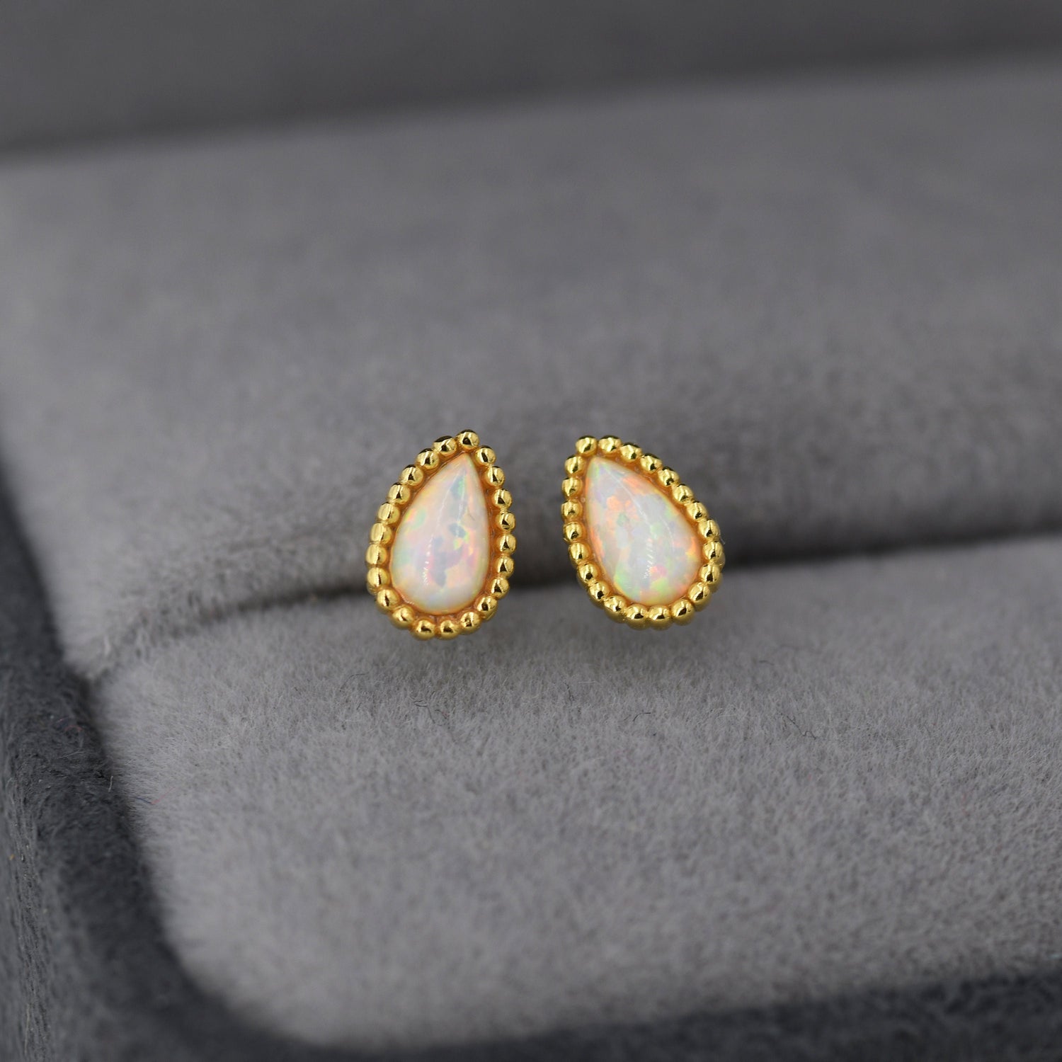 Sterling Silver Opal Droplet Earrings, Pear Shape White Fire Opal Stud Earrings, Silver or Gold, Dotted Bobble Beaded