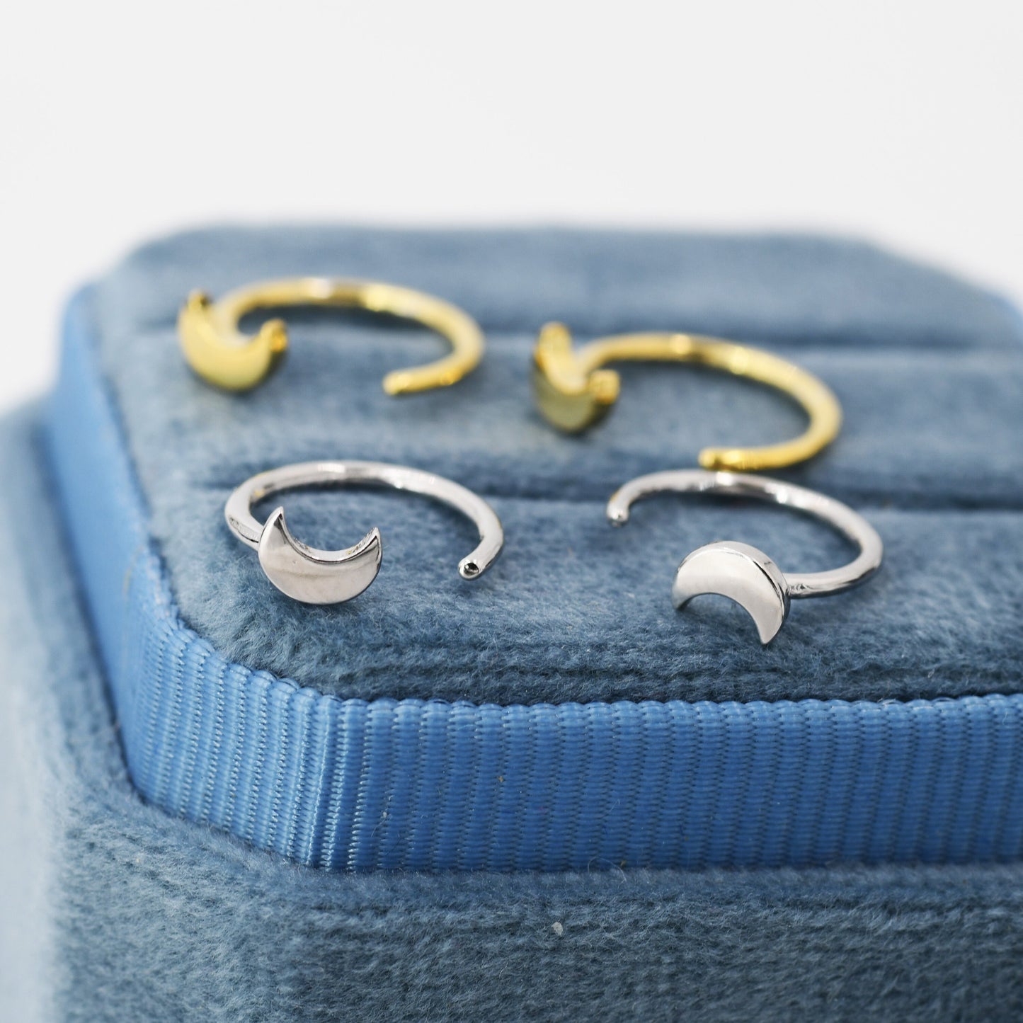 Tiny Crescent Moon Huggie Hoop Earrings in Sterling Silver, Moon Pull Through Earrings, Half Hoop Earrings, Open Hoop, Silver or Gold